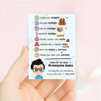 Cartão com acróstico OBRIGADO e ilustrações para professora