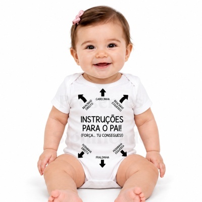 Bebé com body branco e texto a preto com instruções para o pai