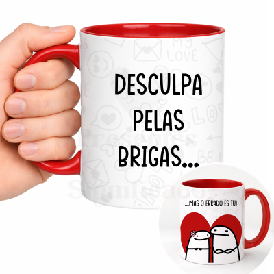 Caneca branca com interior e asa vermelhos e frases em português