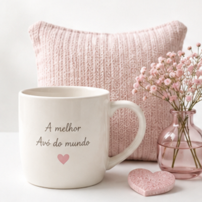 Caneca branca com texto para avó, almofada rosa e vaso com flores rosa