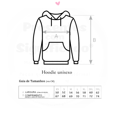 Diagrama do hoodie unissexo com tabela de tamanhos em cm