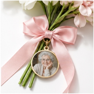Bouquet de flores com laço de fita rosa e medalhão dourado com foto de senhora idosa