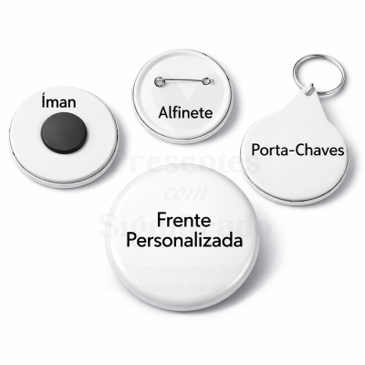 Quatro objetos brancos com texto preto identificando íman, alfinete, porta-chaves e frente personalizada