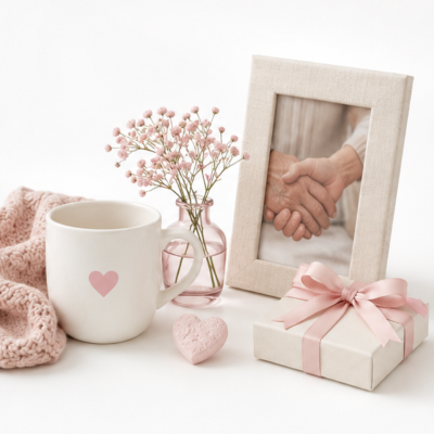 Conjunto decorativo com caneca com coração rosa, flores em vaso rosa, quadro com mãos dadas e caixa com laço cor-de-rosa