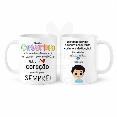 Caneca branca personalizada para educadora Catarina com texto e ilustração de menino