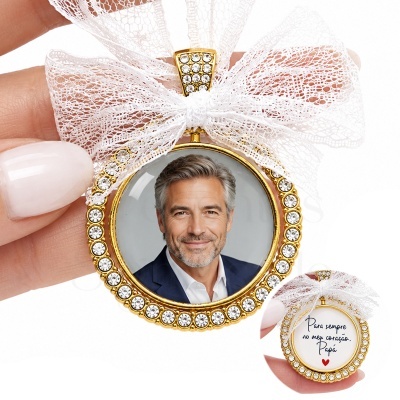 Pingente redondo dourado com strass, laço de renda branca e foto de homem