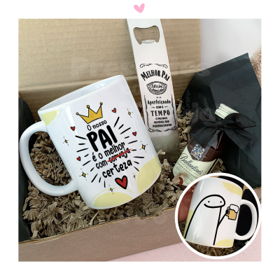 Caixa de presente com caneca, embalagem e saco preto com laço