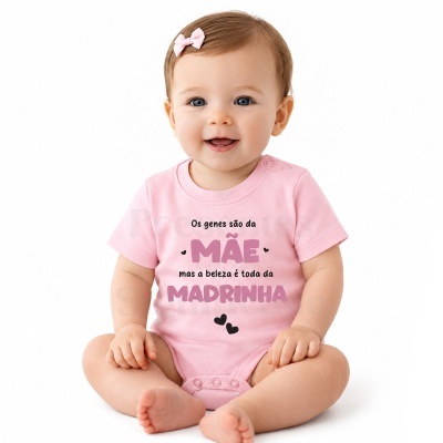 Bebé vestindo body rosa com texto em português e laço rosa no cabelo sentado em fundo branco.