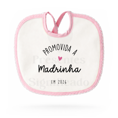 Babete de bebé branco com bordado rosa e texto preto promocional
