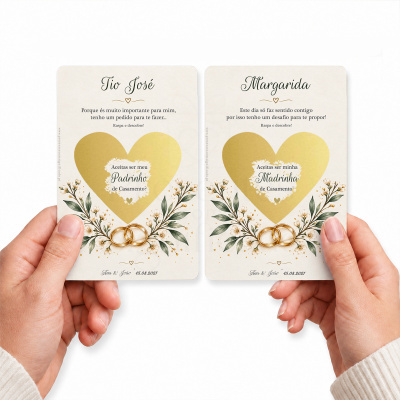 Cartas convite casamento com corações dourados para raspar e flores