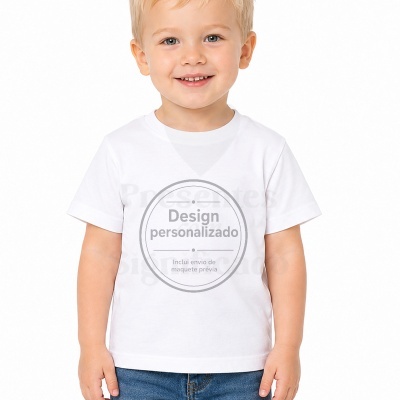 Camisola branca de manga curta para criança com design personalizado cinza