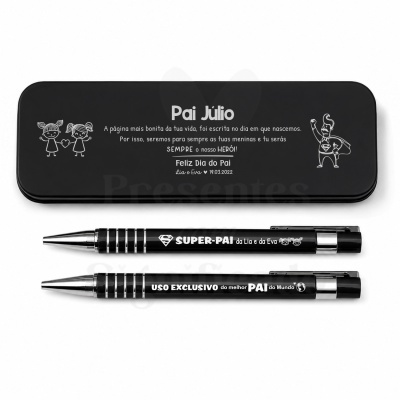 Estojo preto com texto personalizado para Pai Júlio e duas canetas personalizadas para o Dia do Pai.