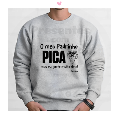 Sweatshirt cinzenta com texto e desenho de pimenta e pessoa a usar