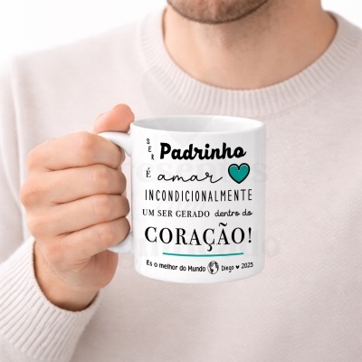 Caneca branca com texto em português para padrinho