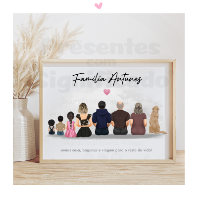 Quadro ilustrativo de família e cão com texto em português