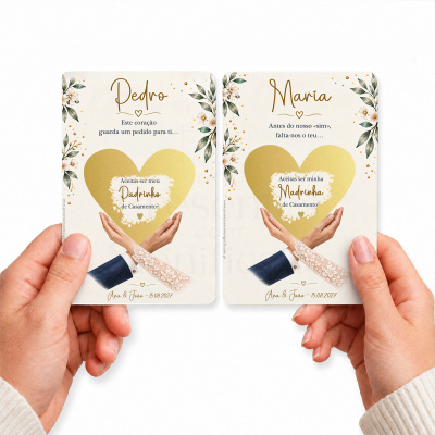 Dois cartões de convite de casamento com pedidos para padrinho e madrinha em português