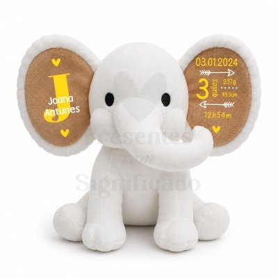 Pelúcia elefante branca com texto personalizado nas orelhas