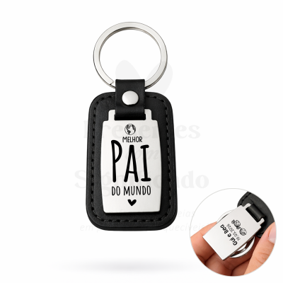 Porta-chaves em metal e couro com texto para o melhor pai e gravação personalizada na parte de trás