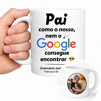 Caneca personalizada para pai com texto colorido e foto de crianças abraçadas no verso.