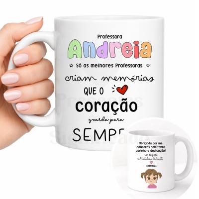 Caneca branca personalizada para professora com texto e ilustração de menina