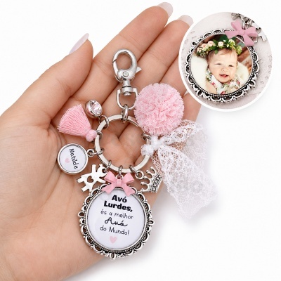 Chaveiro personalizado com frase e fotografia de bebé em moldura prateada