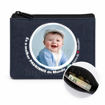 Carteira azul escuro com fecho e imagem de bebé sorridente