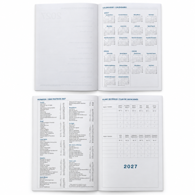 Calendário de 2027 em formato livro aberto com mini calendários, feriados e plano de férias.