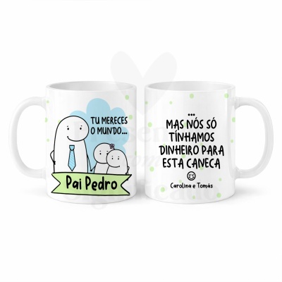 Conjunto de duas canecas brancas com ilustrações e texto em português