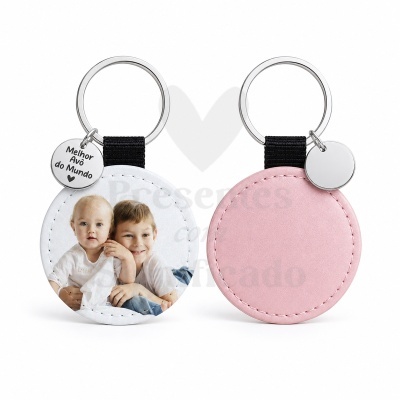 Chaveiros redondos branco e rosa com foto e texto