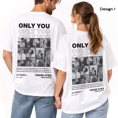 T-shirts brancas com estampado preto e branco de fotos e texto ONLY YOU e THOSE EYES NEW WEST