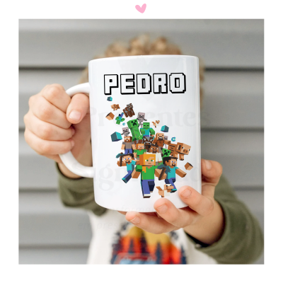Caneca branca com nome PEDRO e personagens Minecraft