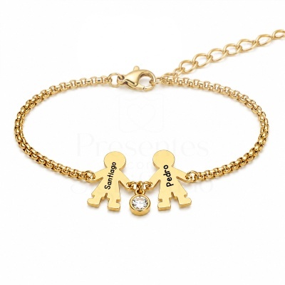 Pulseira dourada com figuras humanas e pendente brilhante