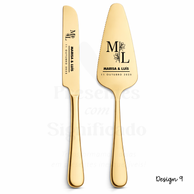 Conjunto dourado faca e espátula para bolo com gravação personalizada