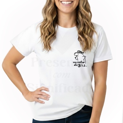 T-shirt branca com estampa preta e personagem com texto vou contar até 3! 1, 2... no peito direito