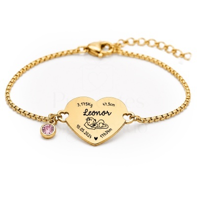 Pulseira dourada com pendente coração gravado e pendente pequeno cor-de-rosa