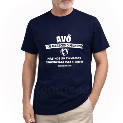 Camiseta azul escura com texto branco em português para avô