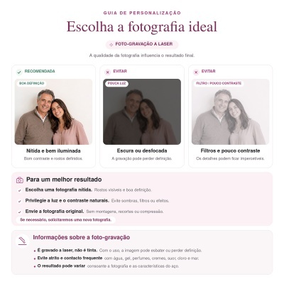 Guia de personalização para escolha da fotografia ideal para foto-gravação a laser com exemplos de fotos recomendadas e a evitar.