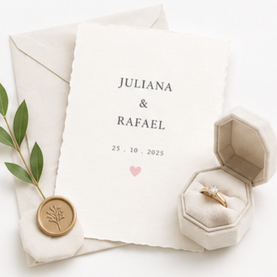 Convite de casamento branco com envelope, selo decorativo e anel dourado com diamante em caixa de veludo bege.