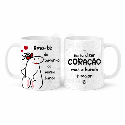 Canecas brancas com desenho de personagem e texto em português sobre amor e tamanho da bunda