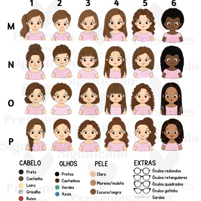Ilustrações de rostos infantis femininos com diferentes características de cabelo, olhos e pele, usando t-shirts às riscas rosa e branco.