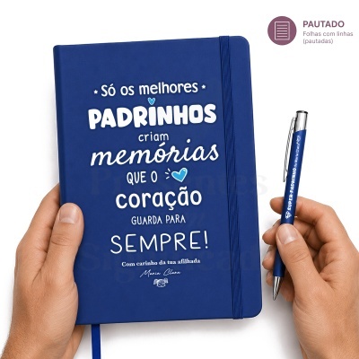 Caderno azul com mensagem e caneta azul com nomes personalizados