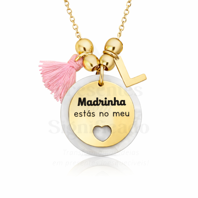 Colar dourado com pendente redondo e tassel rosa