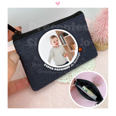 Carteira azul escuro personalizada com foto de criança e texto