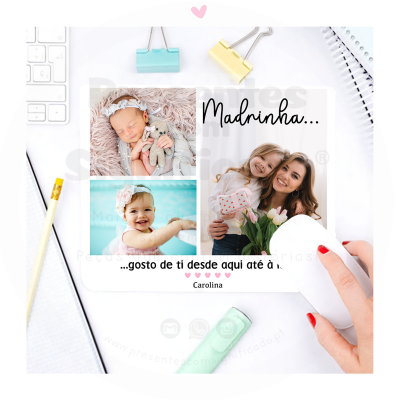 Colagem com fotos de bebé, criança e mulher com menina, texto à esquerda e objetos de escritório ao fundo