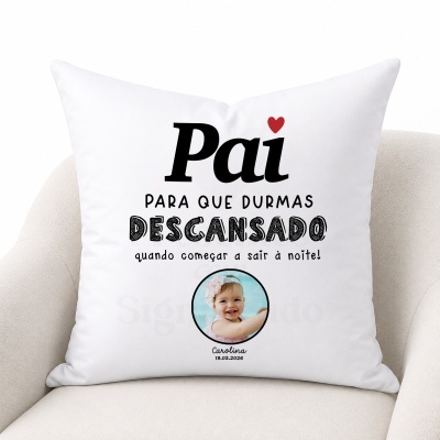 Almofada branca com texto e foto de criança para pai