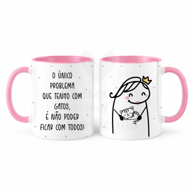 Caneca com texto e desenho de pessoa com gato e coroa, detalhes rosa.