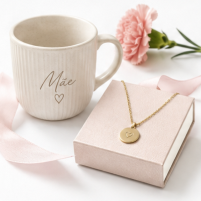 Caneca com a palavra Mãe e colar dourado com coração sobre caixa cor-de-rosa com flor e fita rosa