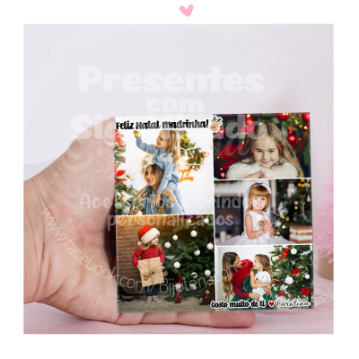 Imã com fotos natalícias de crianças e texto de felicitação