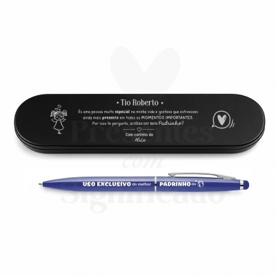 Estojo preto com inscrição personalizada para padrinho e caneta azul com texto em branco