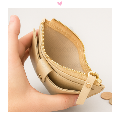 Carteira pequena em pele bege com fecho de correr dourado